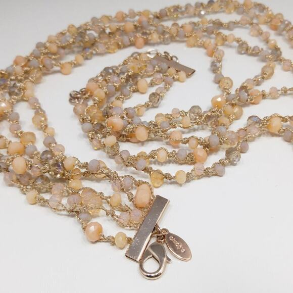 Chico's Peach Opalescence Crystal Bead Gold Thread Necklace, 27 Inches - Picture 5 of 8